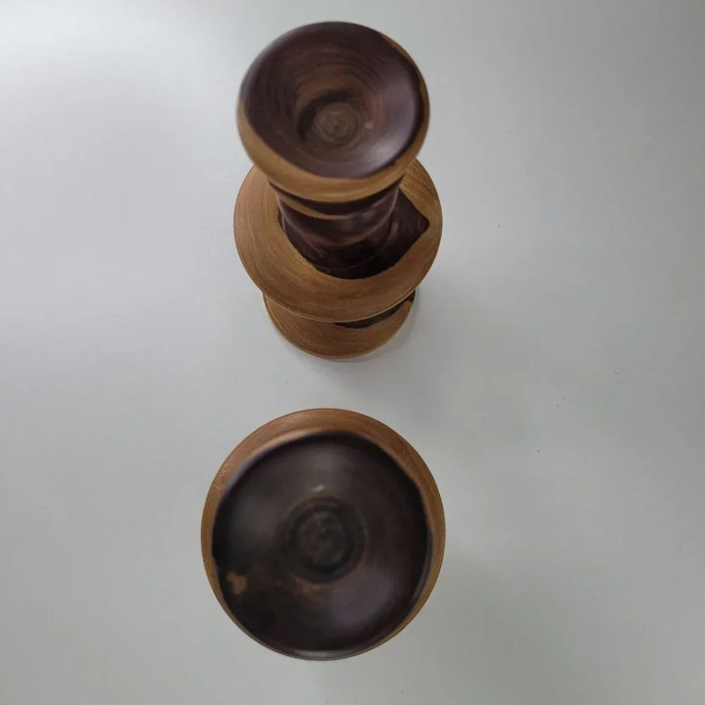 Wooden Candlestick Holders Tapered Solid Grain Two Tone Turned Pair Set 6.5 Inch